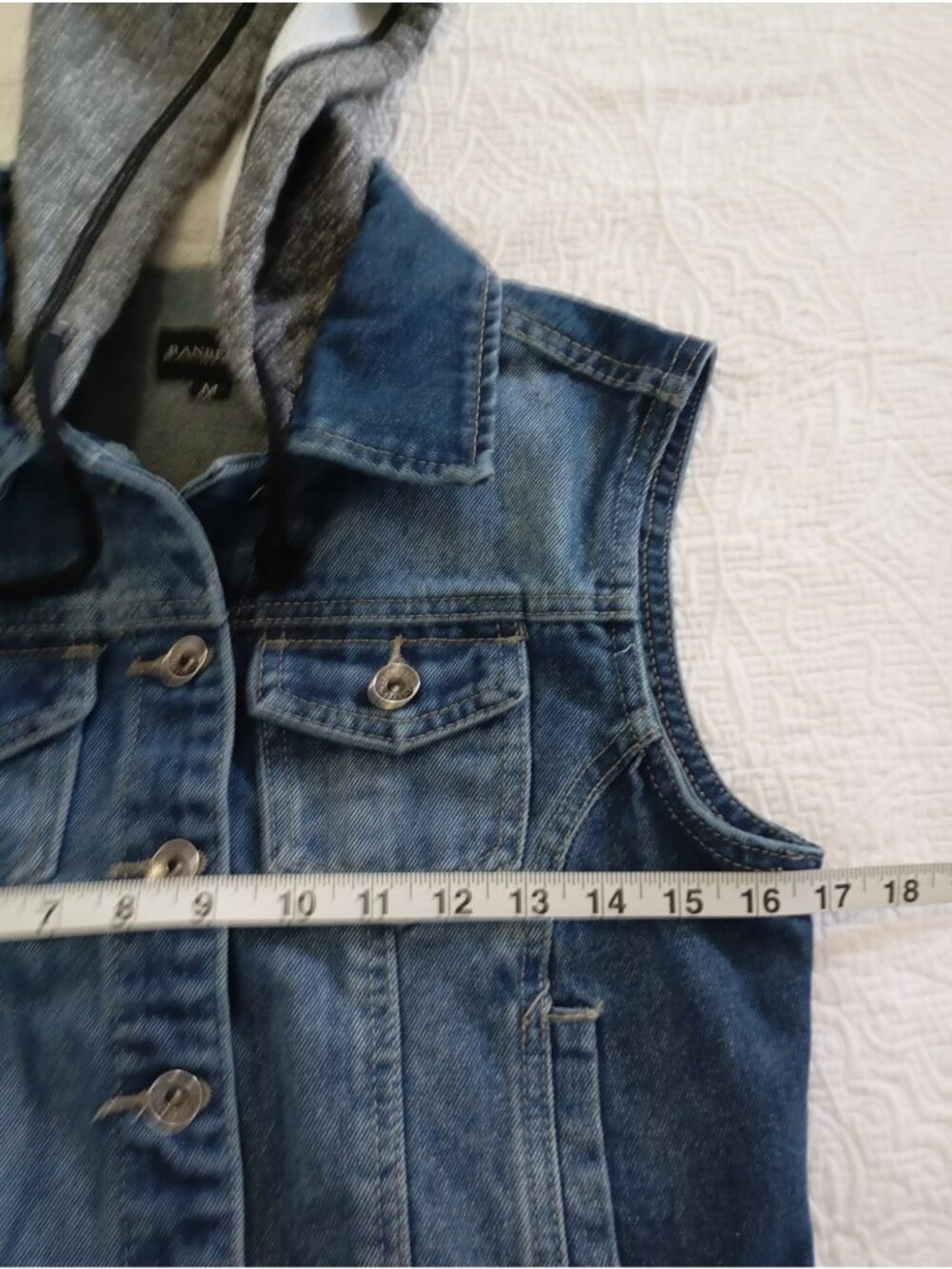 Denim Vest With Hooded Sweater Panel Medium Ranbeeri Cotton Blend Button-Up Blue - Picture 6 of 8